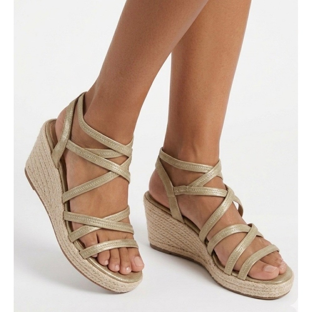 Pelle Moda Gold Metallic Strappy Espadrille Wedge Summer Sandals 6.5M